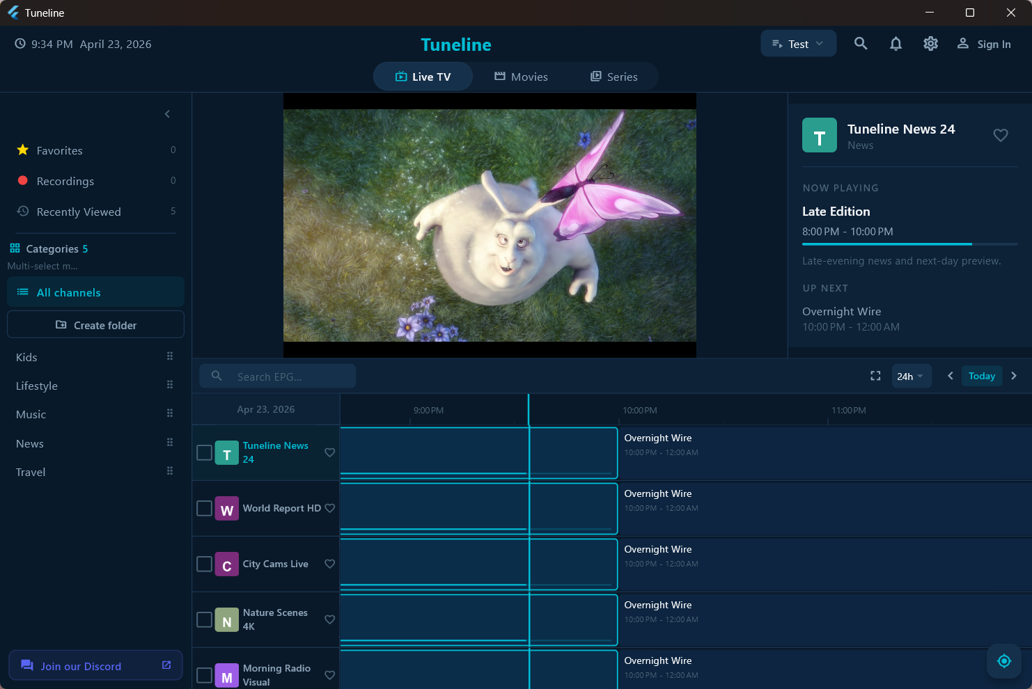 Tuneline Live TV view with a video playing and the program guide below